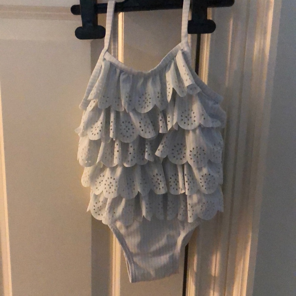 GAP Pale green & white striped ruffled swim suit